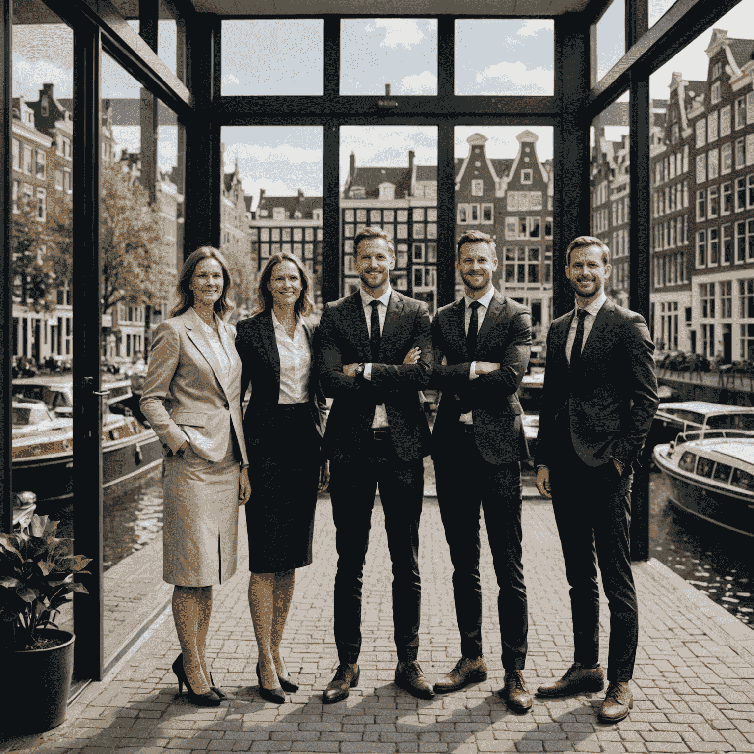 Het VehicleGuardgsg-team staat voor u klaar in ons moderne kantoor in Amsterdam. De afbeelding toont een groep van vijf professioneel geklede mensen, staand voor een groot raam met uitzicht op de Amsterdamse grachten. Ze stralen vertrouwen en expertise uit, klaar om u te helpen met al uw vragen over gezinspolissen en multi-verzekeringen voor uw wagenpark.